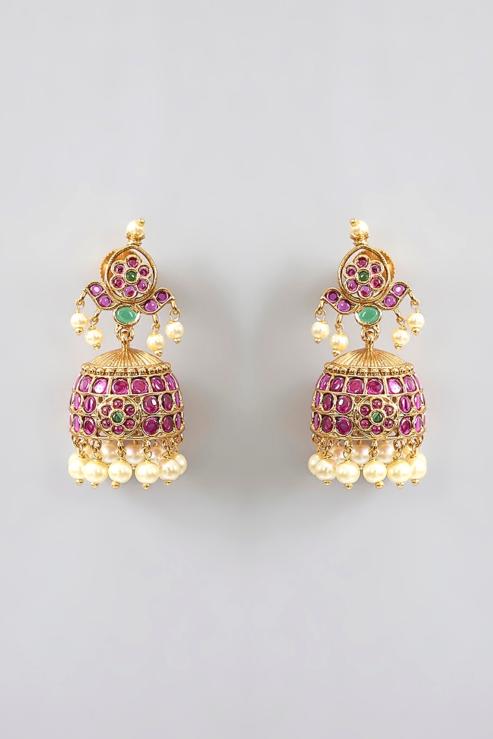 Gold Finish Kundan Polki & Kemp Stone Temple Necklace Set by RNG at Pernia's Pop Up Shop
