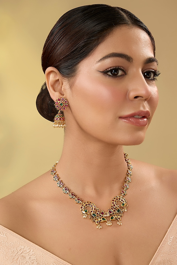 Gold Finish Kundan Polki & Kemp Stone Temple Necklace Set by RNG at Pernia's Pop Up Shop