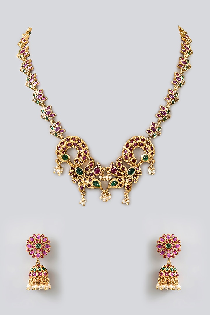 Gold Finish Kundan Polki & Kemp Stone Temple Necklace Set by RNG at Pernia's Pop Up Shop