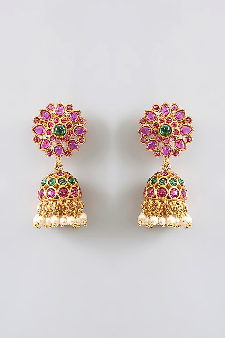 Gold Finish Kundan Polki & Kemp Stone Temple Necklace Set by RNG at Pernia's Pop Up Shop