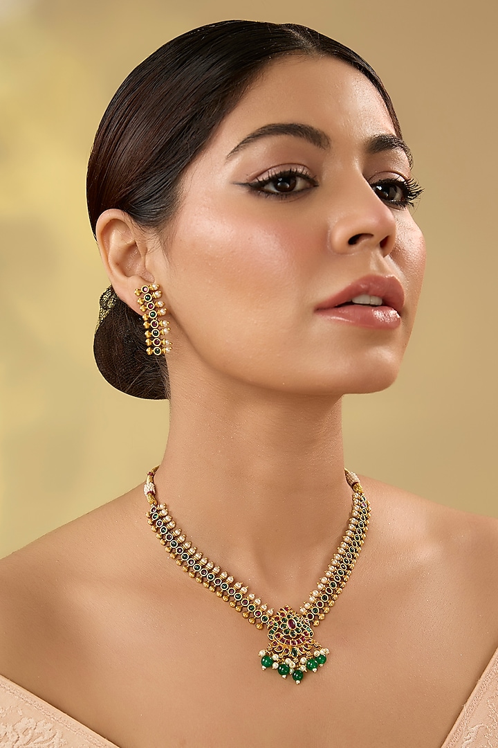 Gold Finish Kundan Polki & Kemp Stone Temple Necklace Set by RNG at Pernia's Pop Up Shop