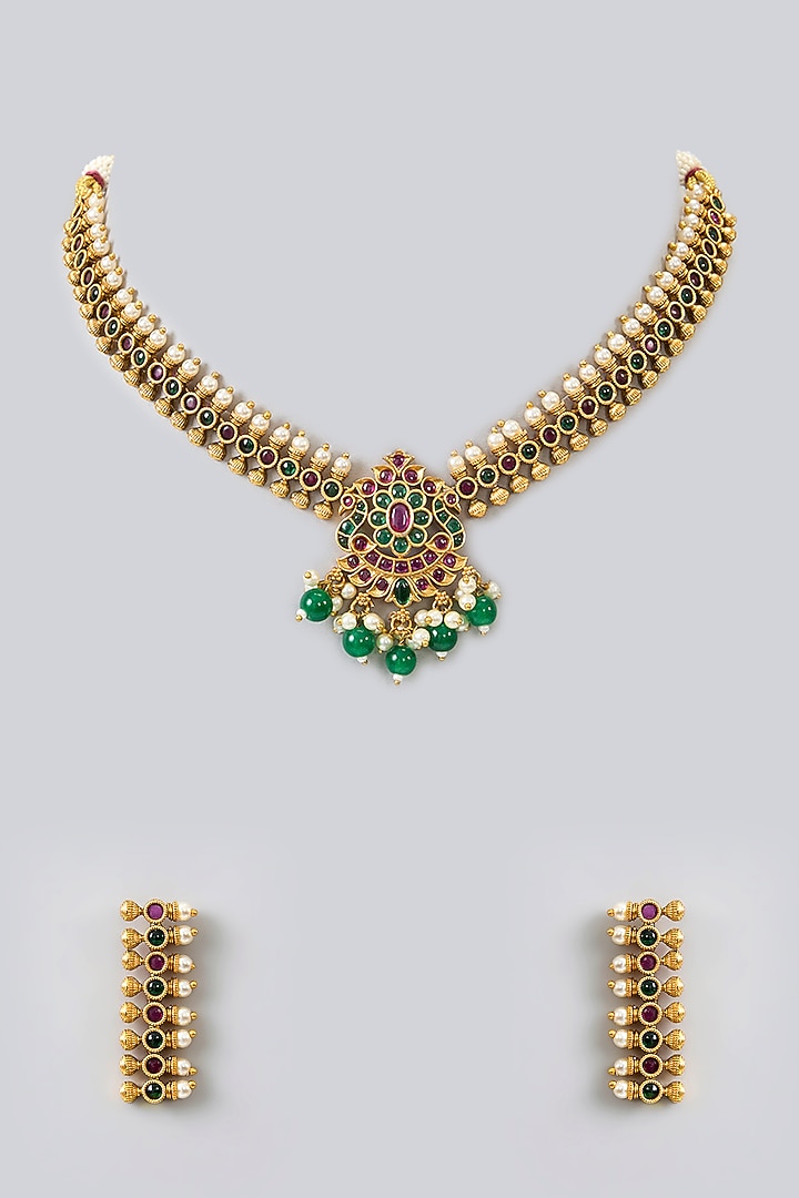 Gold Finish Kundan Polki & Kemp Stone Temple Necklace Set by RNG at Pernia's Pop Up Shop