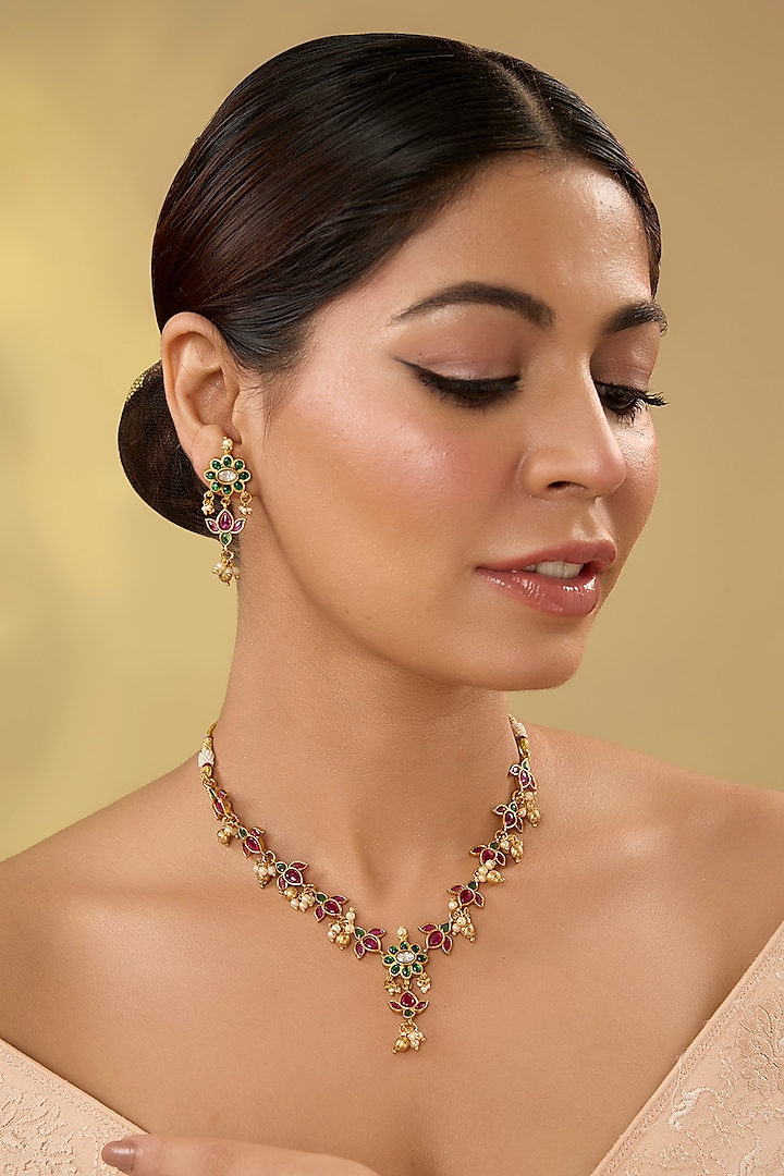 Gold Finish Kundan Polki & Kemp Stone Temple Necklace Set by RNG at Pernia's Pop Up Shop