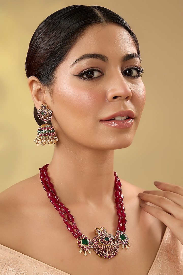 Gold Finish Kundan Polki & Kemp Stone Temple Necklace Set by RNG at Pernia's Pop Up Shop