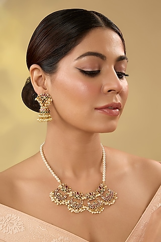 Gold Finish Kundan Polki & Kemp Stone Temple Necklace Set by RNG