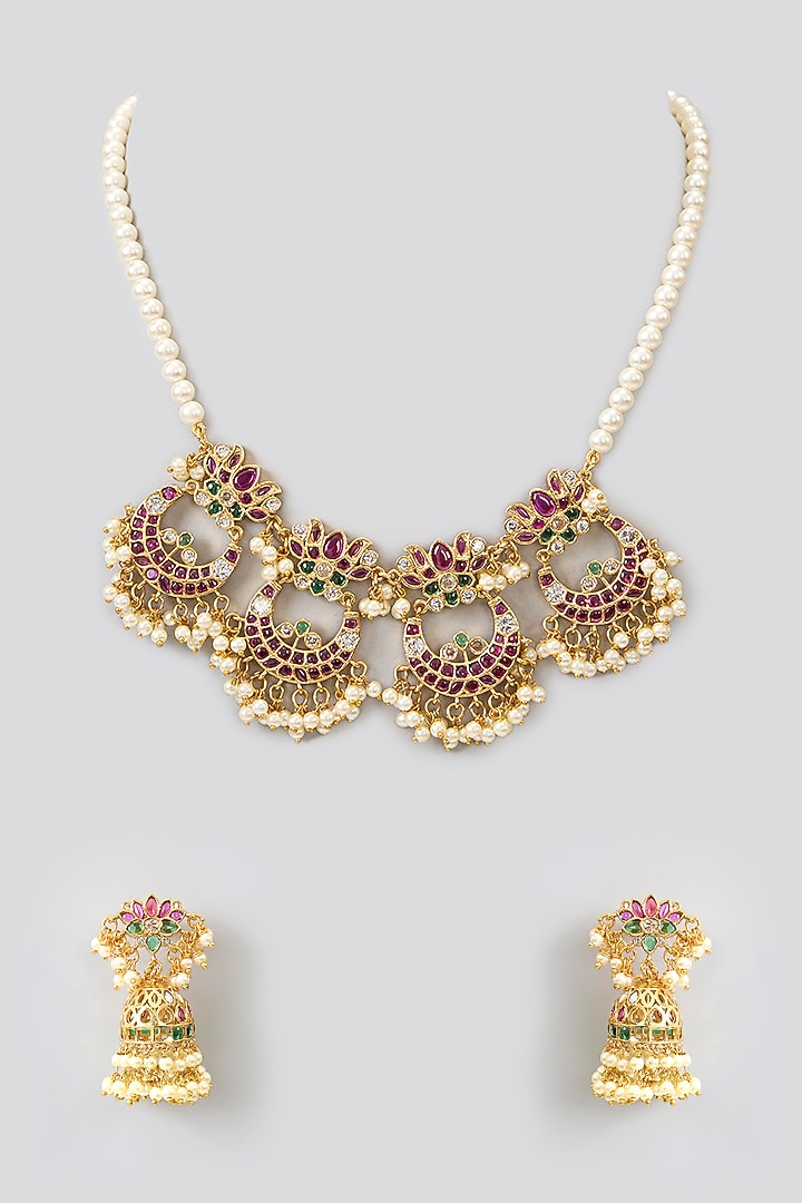 Gold Finish Kundan Polki & Kemp Stone Temple Necklace Set by RNG at Pernia's Pop Up Shop