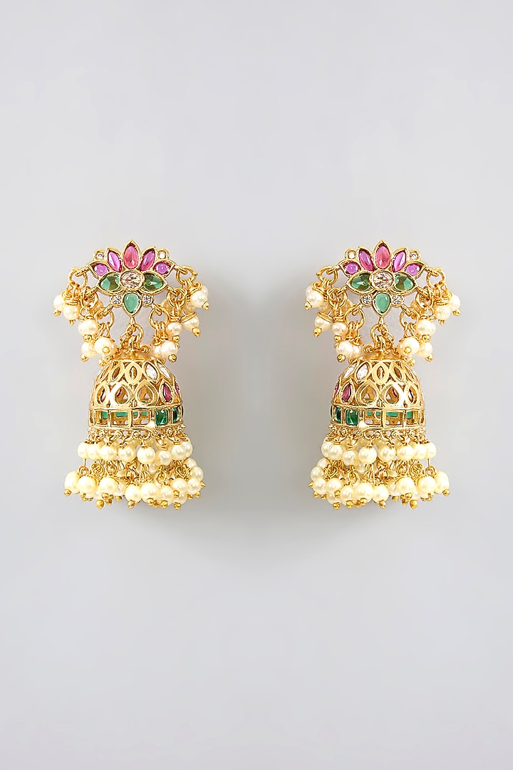 Gold Finish Kundan Polki & Kemp Stone Temple Necklace Set by RNG at Pernia's Pop Up Shop