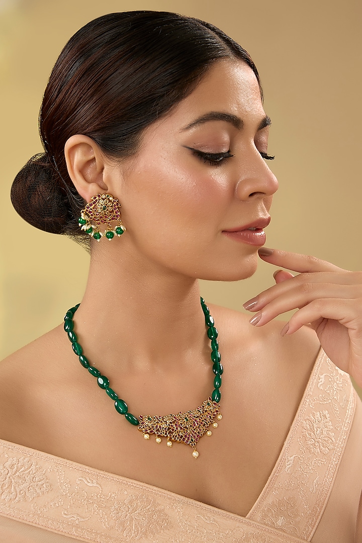 Gold Finish Kundan Polki & Kemp Stone Temple Necklace Set by RNG at Pernia's Pop Up Shop