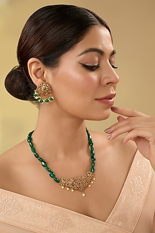 Gold Finish Kundan Polki & Kemp Stone Temple Necklace Set by RNG