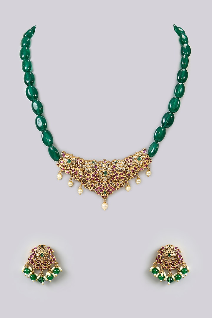 Gold Finish Kundan Polki & Kemp Stone Temple Necklace Set by RNG at Pernia's Pop Up Shop
