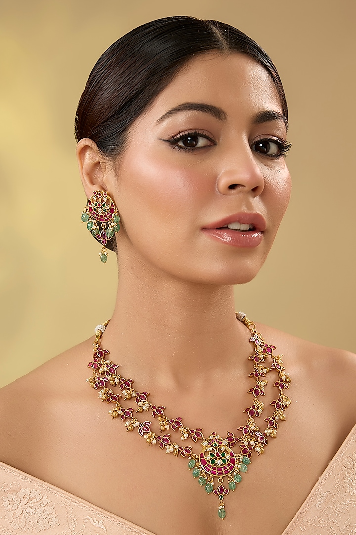 Gold Finish Kundan Polki & Kemp Stone Temple Necklace Set by RNG at Pernia's Pop Up Shop