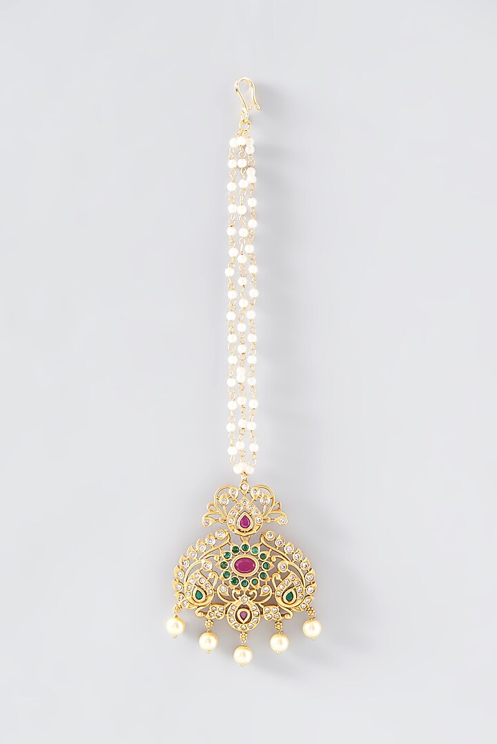 Gold Finish Pearl & Stone Maangtikka by RNG at Pernia's Pop Up Shop