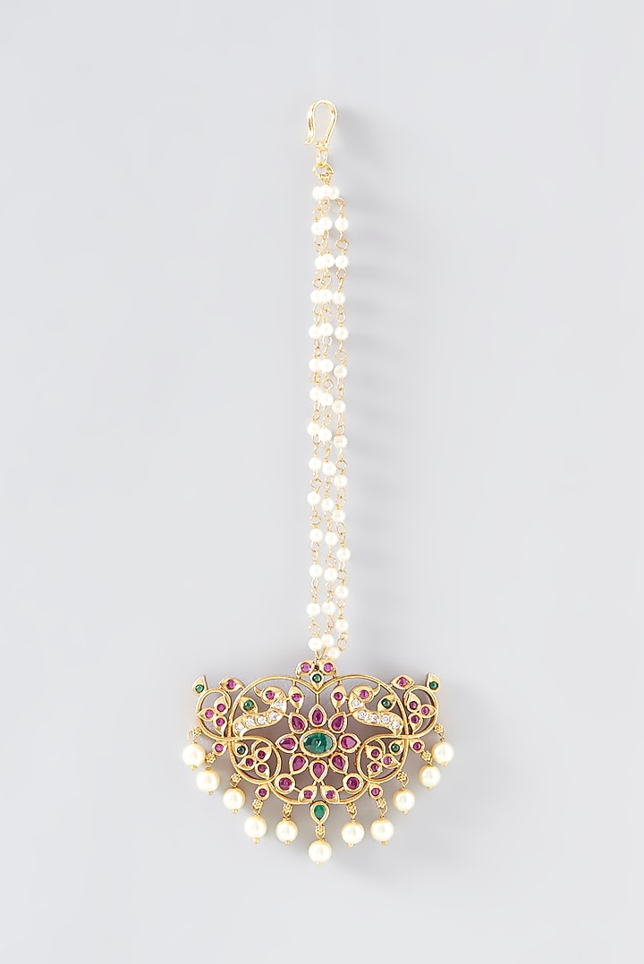 Gold Finish Pearl & Stone Maangtikka by RNG at Pernia's Pop Up Shop