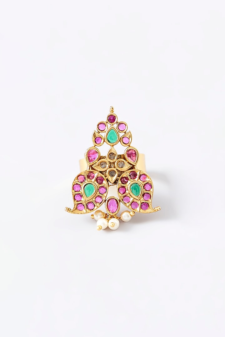 Gold Finish Red & Green Stone Adjustable Ring by RNG at Pernia's Pop Up Shop