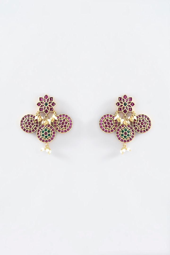 Gold Finish Red & Green Stone Dangler Earrings by RNG at Pernia's Pop Up Shop