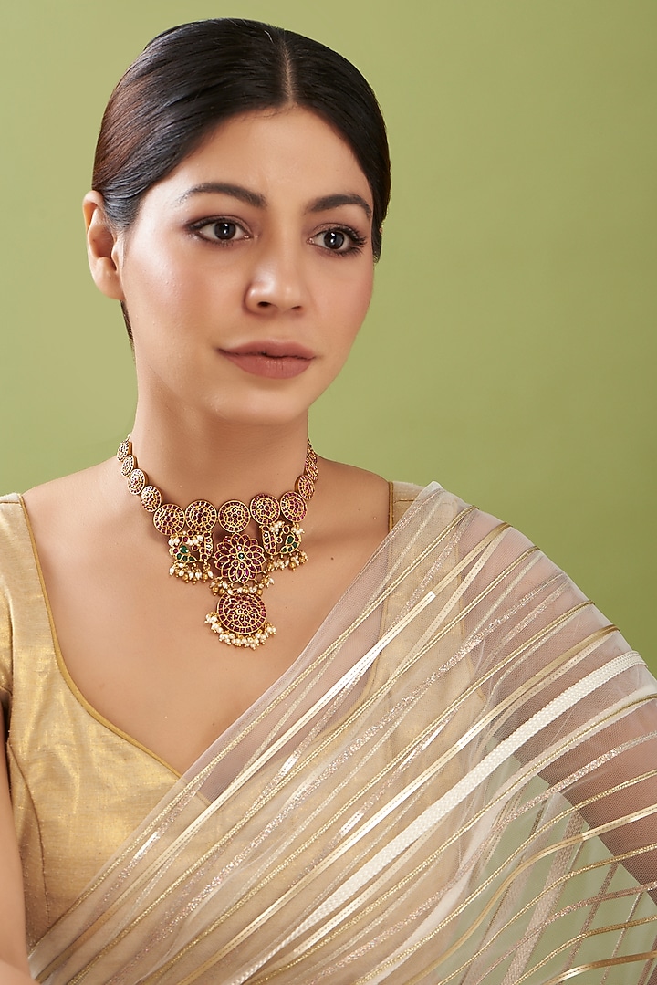 Gold Finish Pearl & Stone Necklace by RNG at Pernia's Pop Up Shop