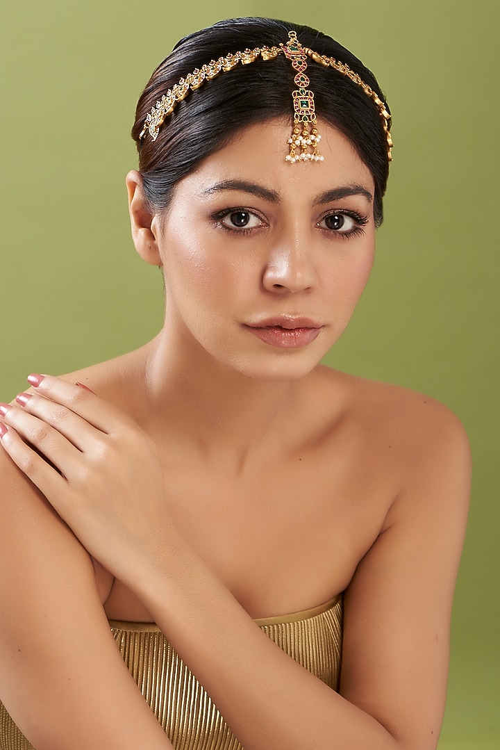 Gold Finish Pearl & Stone Mathapatti by RNG at Pernia's Pop Up Shop