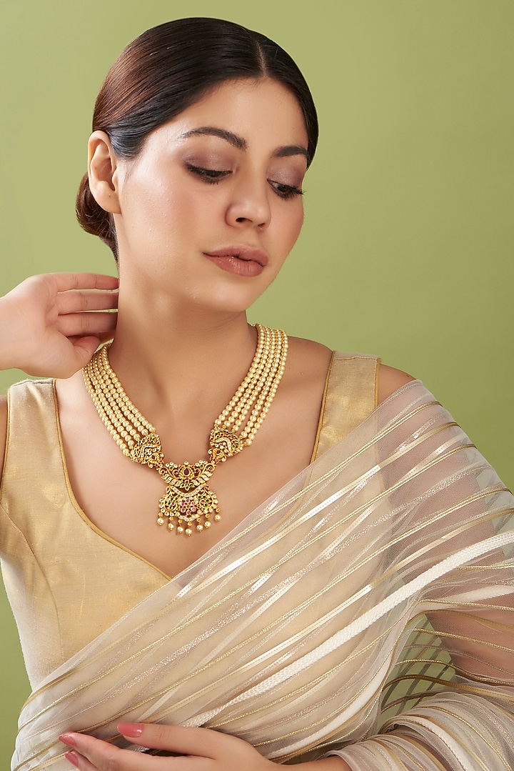 Gold Finish Red & White Stone Necklace by RNG at Pernia's Pop Up Shop