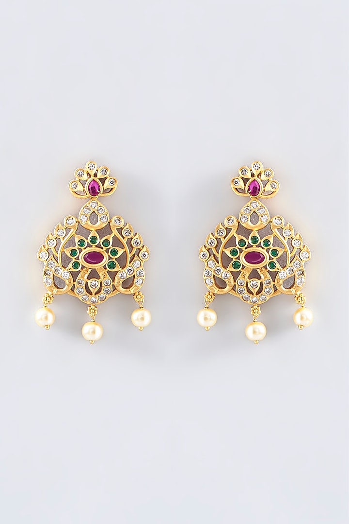 Gold Finish Red & Green Stone Dangler Earrings by RNG at Pernia's Pop Up Shop