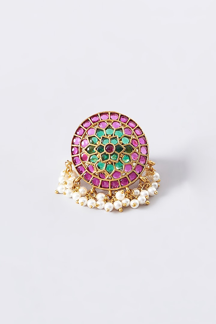 Gold Finish Red & Green Stone Dangler Earrings With Ring by RNG at Pernia's Pop Up Shop