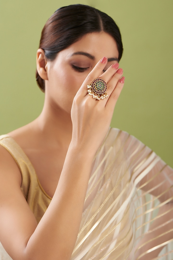 Gold Finish Red & Green Stone Dangler Earrings With Ring by RNG at Pernia's Pop Up Shop