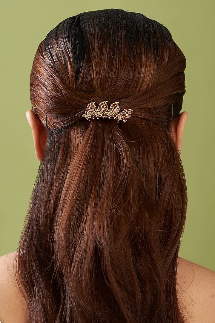 Gold Finish Red & Green Stone Hair Clip by RNG at Pernia's Pop Up Shop