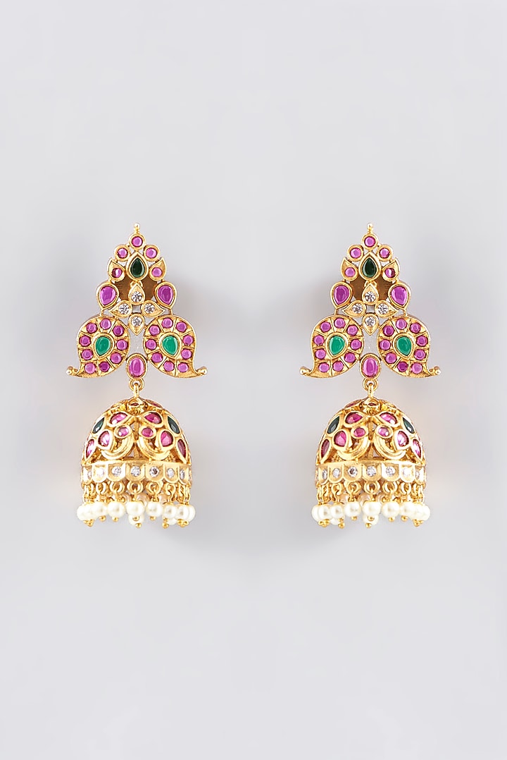 Gold Finish Red & Green Stone Jhumka Earrings by RNG at Pernia's Pop Up Shop