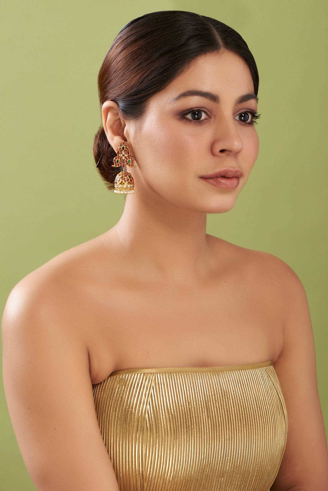 Buy Red and green pearl and kemp stone earrings by Aaharya at Aashni and Co