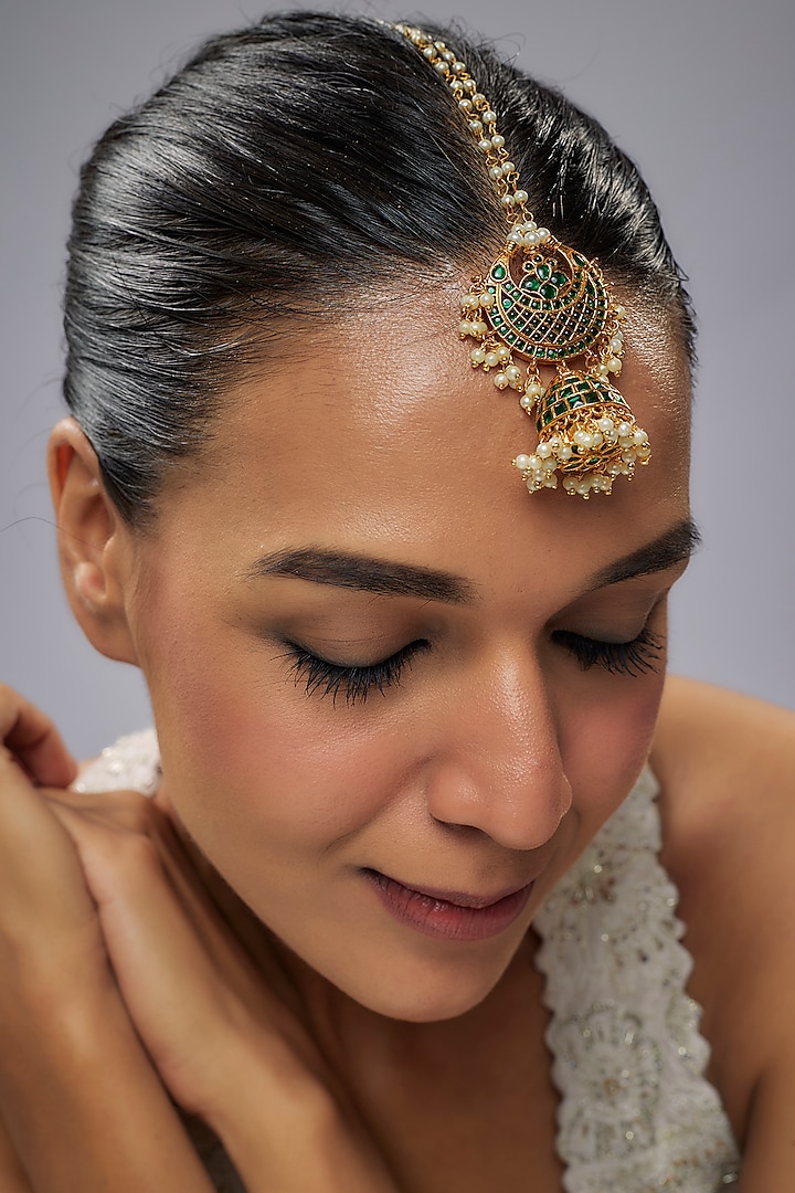 Gold Finish Green Kemp Stone & Pearl Temple Chandbali Bora Style Maangtikka by RNG at Pernia's Pop Up Shop