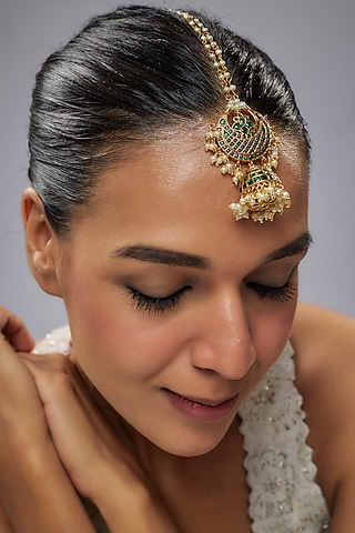 Gold Finish Green Kemp Stone & Pearl Temple Chandbali Bora Style Maangtikka by RNG