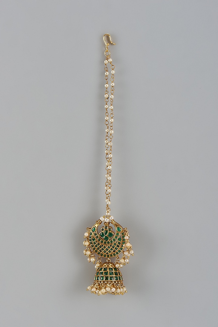 Gold Finish Green Kemp Stone & Pearl Temple Chandbali Bora Style Maangtikka by RNG at Pernia's Pop Up Shop