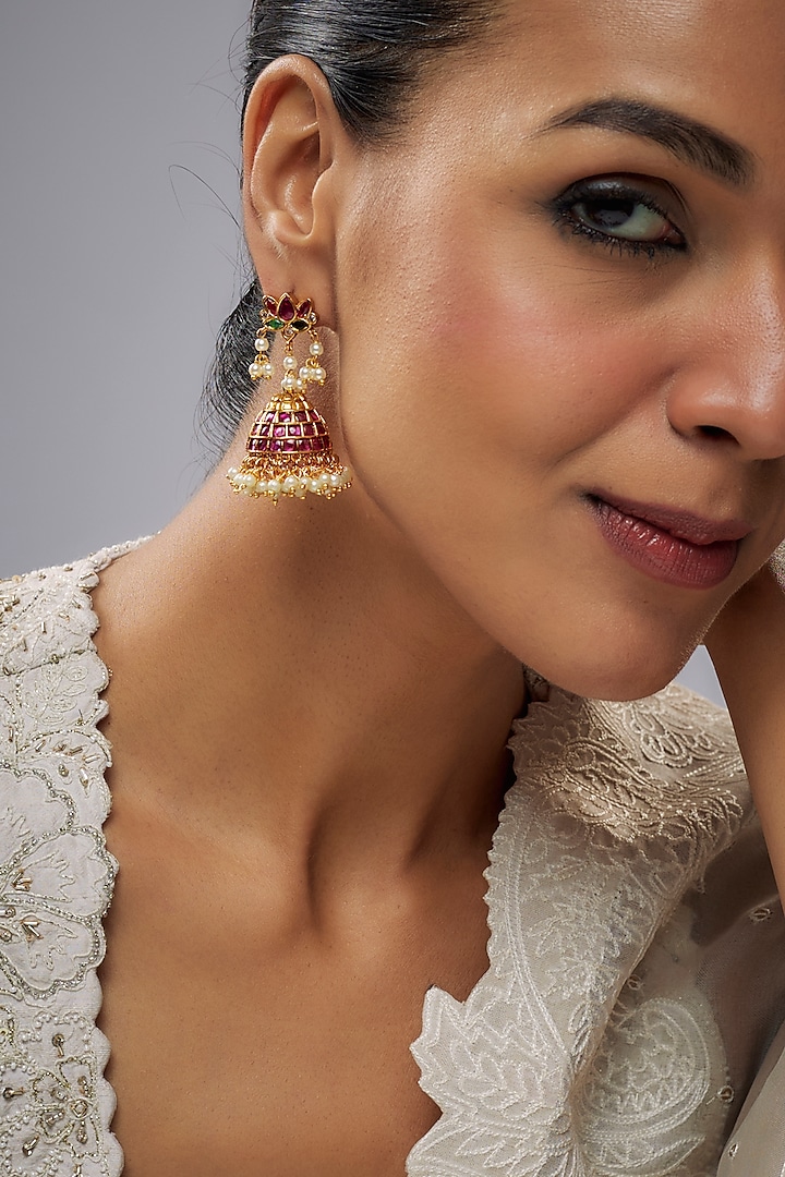 Gold Finish Pink Kemp Stone & Pearl Temple Jhumka Earrings by RNG at Pernia's Pop Up Shop