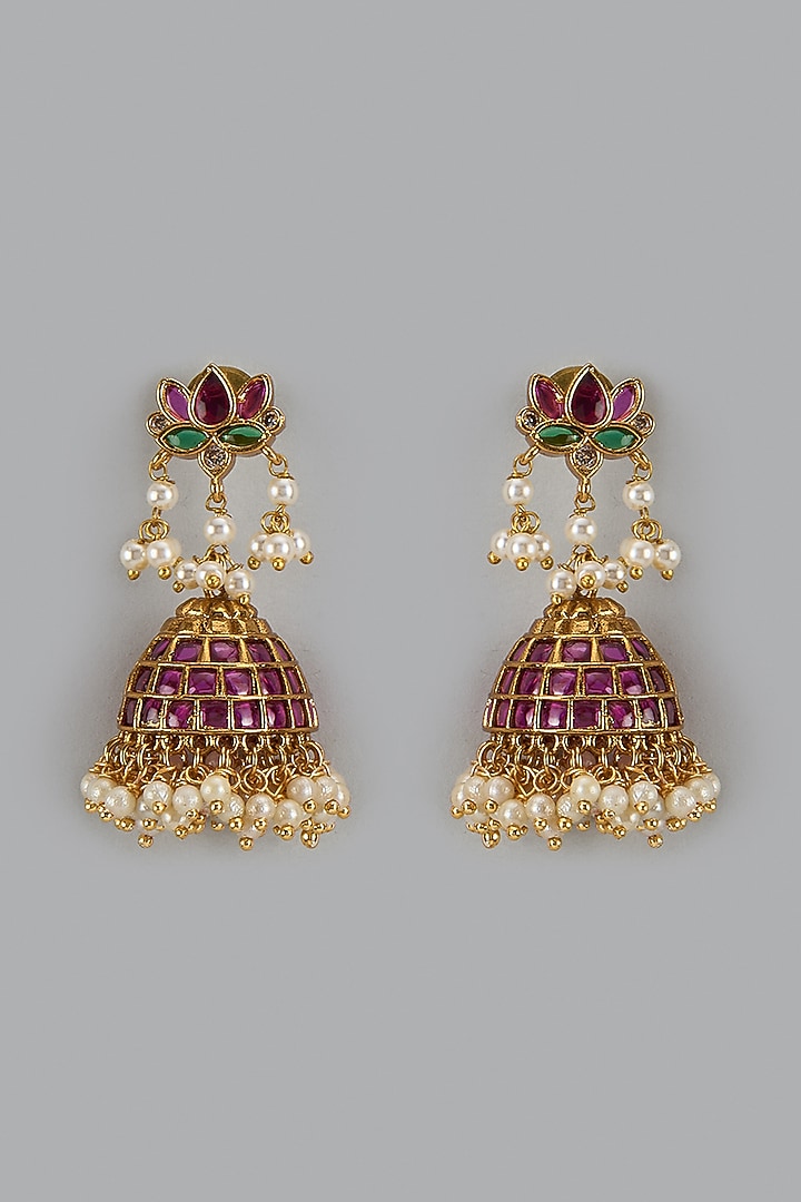 Gold Finish Pink Kemp Stone & Pearl Temple Jhumka Earrings by RNG at Pernia's Pop Up Shop