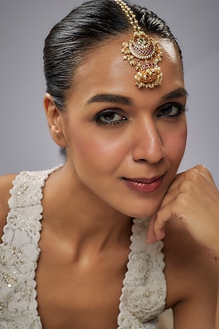 Gold Finish Pink Kemp Stone & Pearl Temple Chandbali Bora Style Maangtikka by RNG