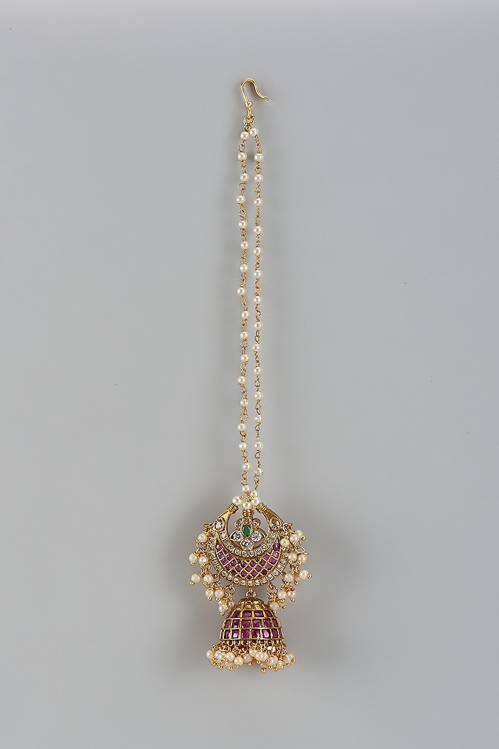 Gold Finish Pink Kemp Stone & Pearl Temple Chandbali Bora Style Maangtikka by RNG at Pernia's Pop Up Shop