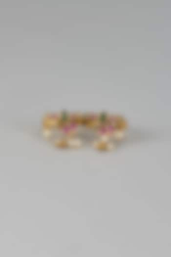 Gold Finish Pink Kemp Stone & Pearl Temple Double Finger Ring by RNG at Pernia's Pop Up Shop