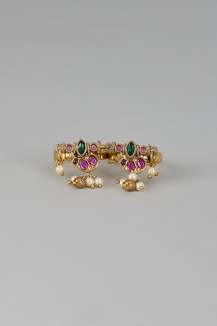 Gold Finish Pink Kemp Stone & Pearl Temple Double Finger Ring by RNG at Pernia's Pop Up Shop