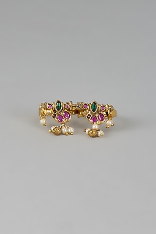 Gold Finish Pink Kemp Stone & Pearl Temple Double Finger Ring by RNG