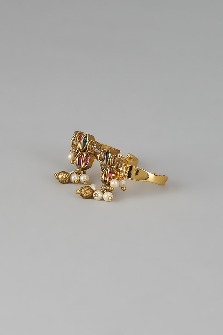 Gold Finish Pink Kemp Stone & Pearl Temple Double Finger Ring by RNG at Pernia's Pop Up Shop