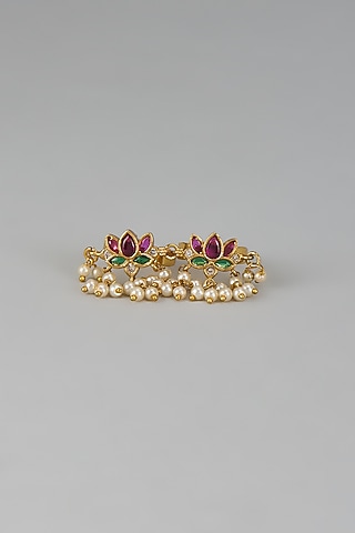 Gold Finish Pink Kemp Stone & Pearl Temple Double Finger Lotus Ring by RNG