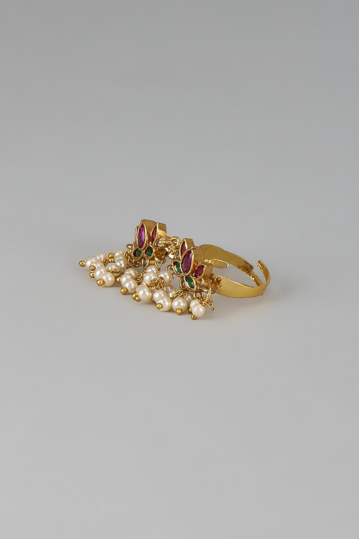 Gold Finish Pink Kemp Stone & Pearl Temple Double Finger Lotus Ring by RNG at Pernia's Pop Up Shop