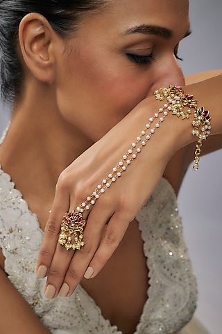Gold Finish Pink Kemp Stone & Pearl Temple Handharness by RNG