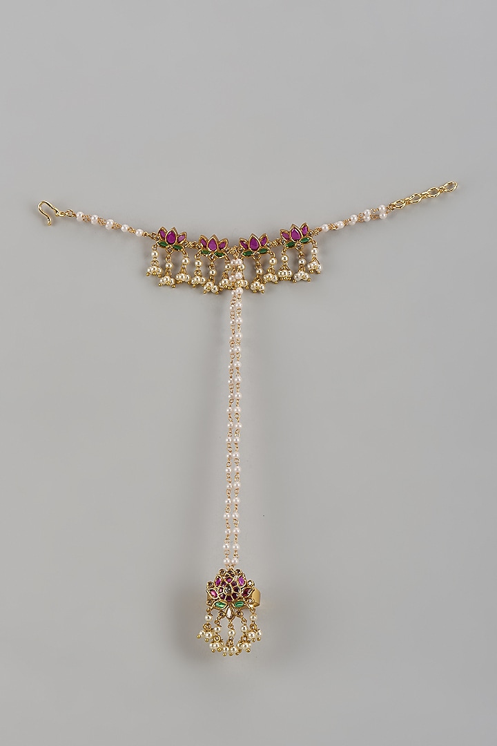 Gold Finish Pink Kemp Stone & Pearl Temple Handharness by RNG at Pernia's Pop Up Shop