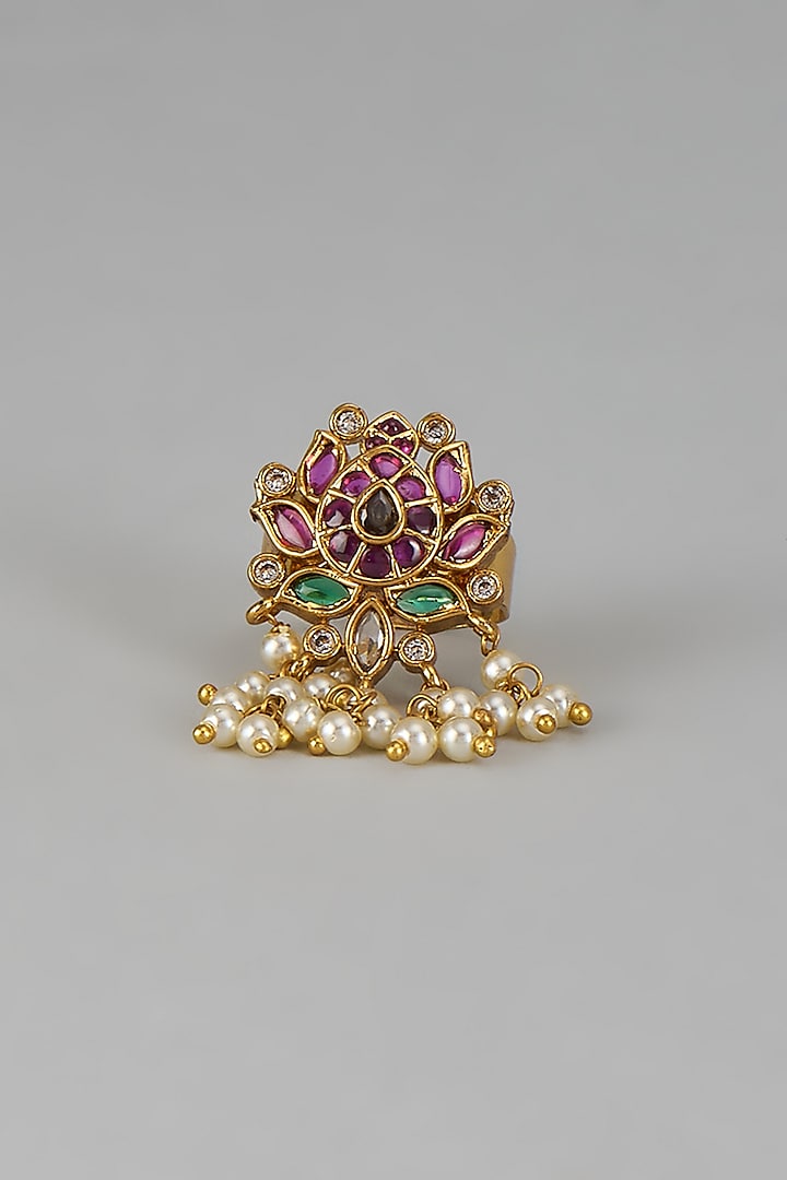 Gold Finish Pink Kemp Stone & Pearl Temple Lotus Ring by RNG at Pernia's Pop Up Shop