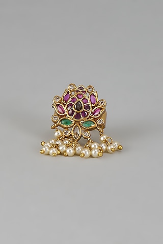 Gold Finish Pink Kemp Stone & Pearl Temple Lotus Ring by RNG