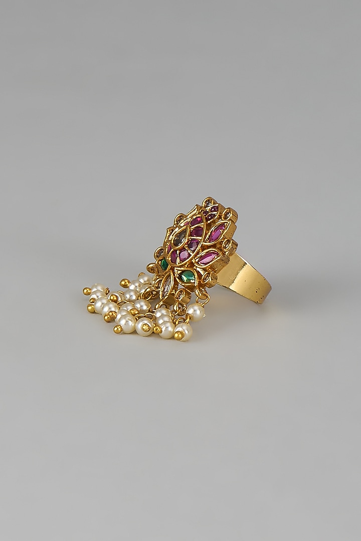 Gold Finish Pink Kemp Stone & Pearl Temple Lotus Ring by RNG at Pernia's Pop Up Shop