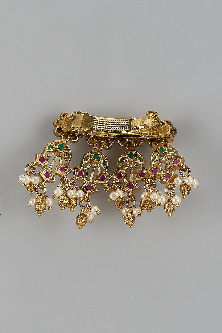 Gold Finish Pink Kemp Stone & Pearl Temple Hairclip by RNG at Pernia's Pop Up Shop