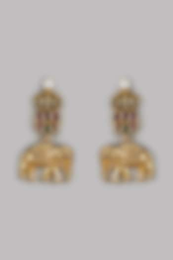 Gold Finish Pink Kemp Stone & Kundan Polki Temple Elephant Dangler Earrings by RNG