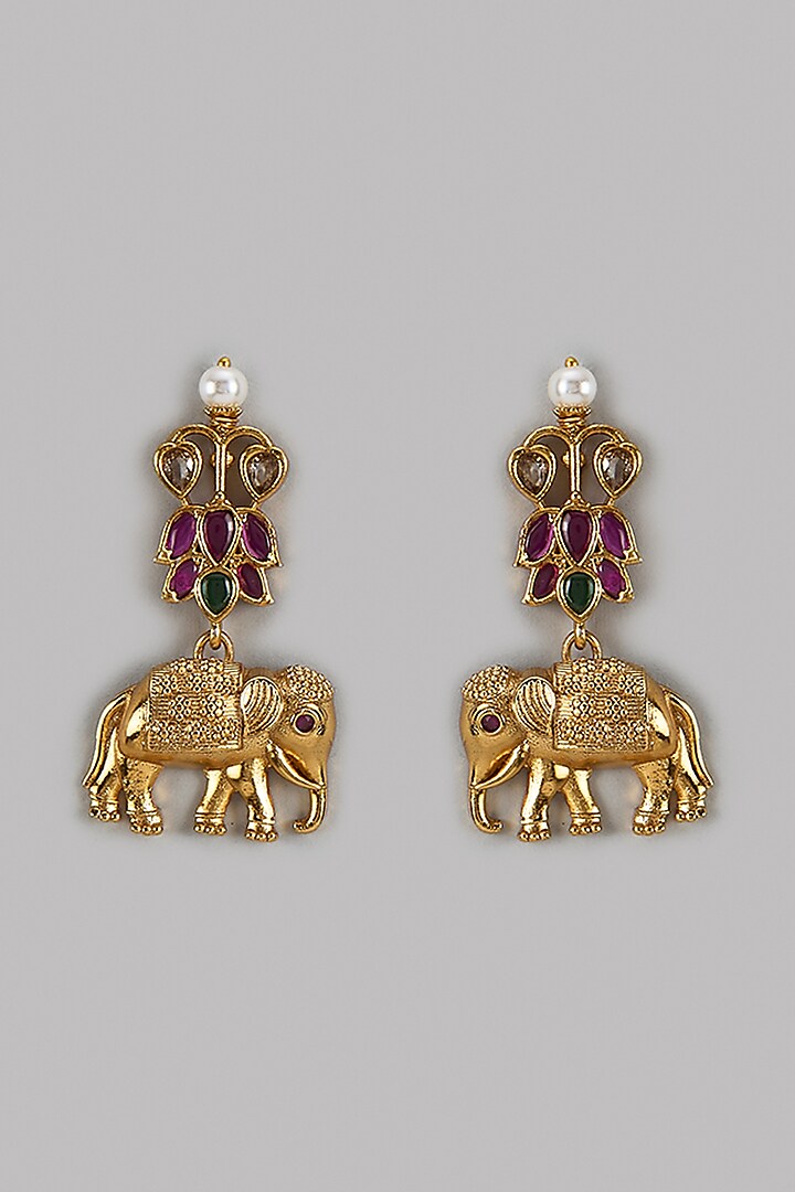 Gold Finish Pink Kemp Stone & Kundan Polki Temple Elephant Dangler Earrings by RNG