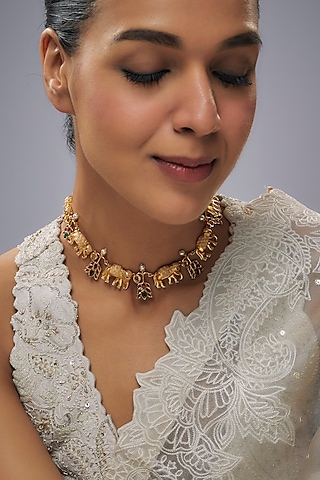 Gold Finish Pink Kemp Stone & Kundan Polki Temple Necklace by RNG
